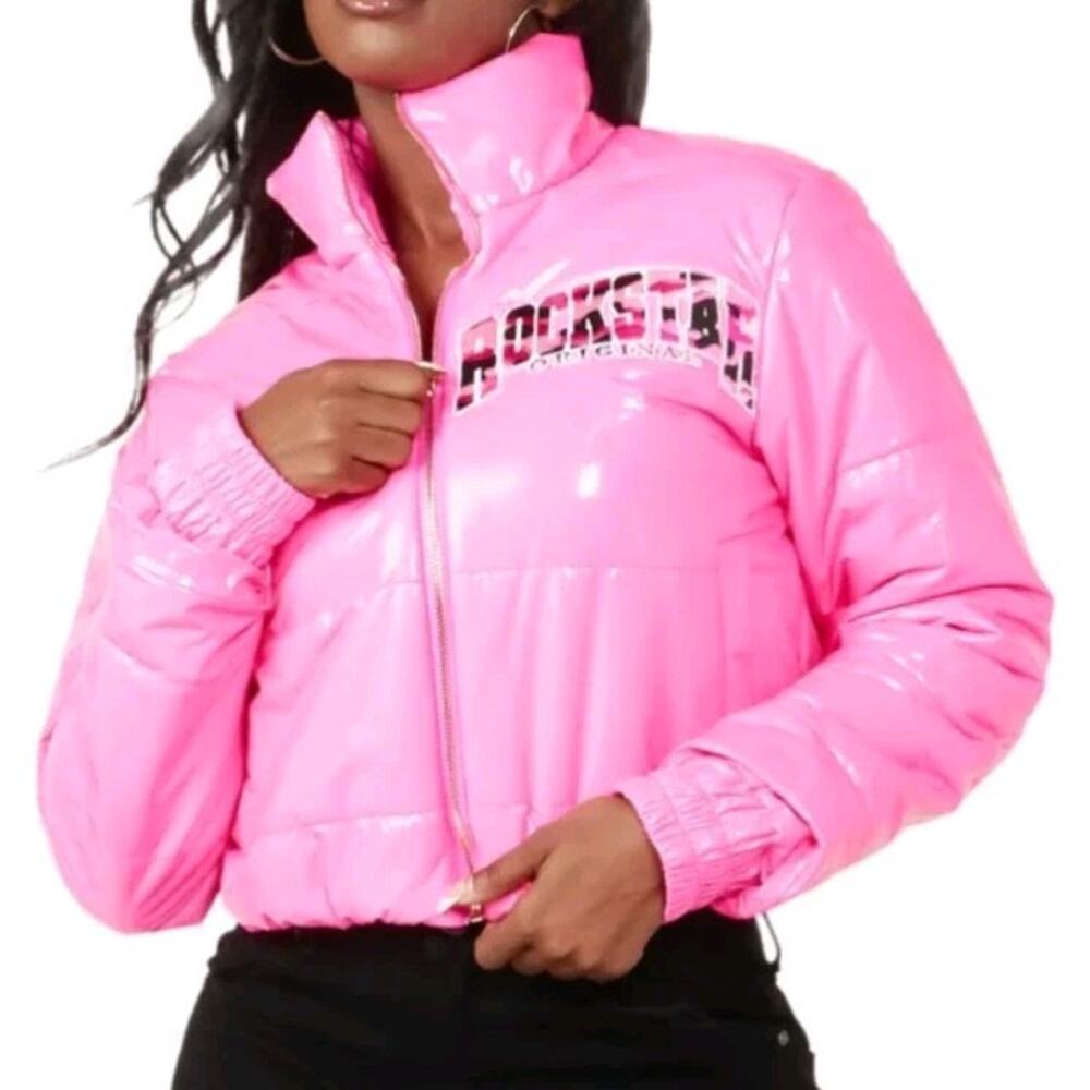 Rockstar Original Cropped Puffer Jacket Women’s Sz M Pink Camo Street Wear‎
